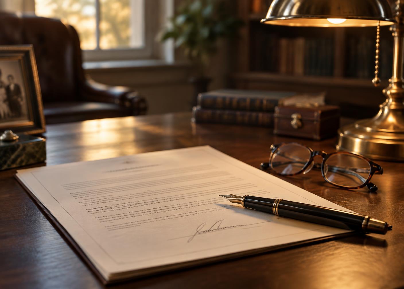A signed will and fountain pen on an attorney's walnut desk