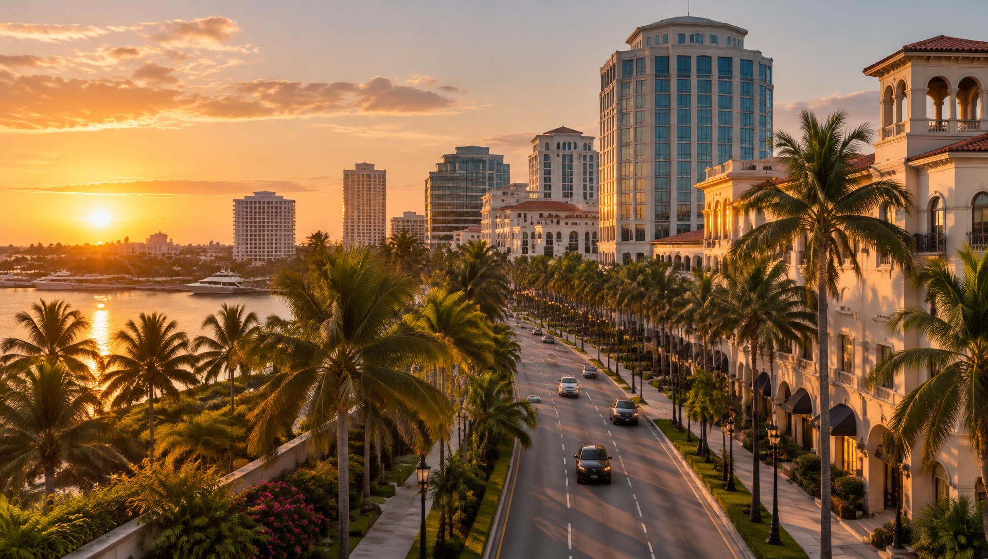 Boca Raton, Florida at golden hour with palm-lined boulevards and coastal office towers