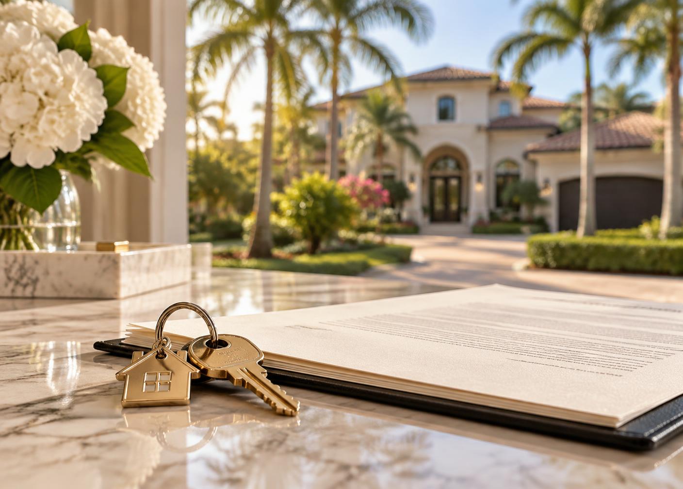 House keys and a property deed on marble with a Boca Raton home beyond